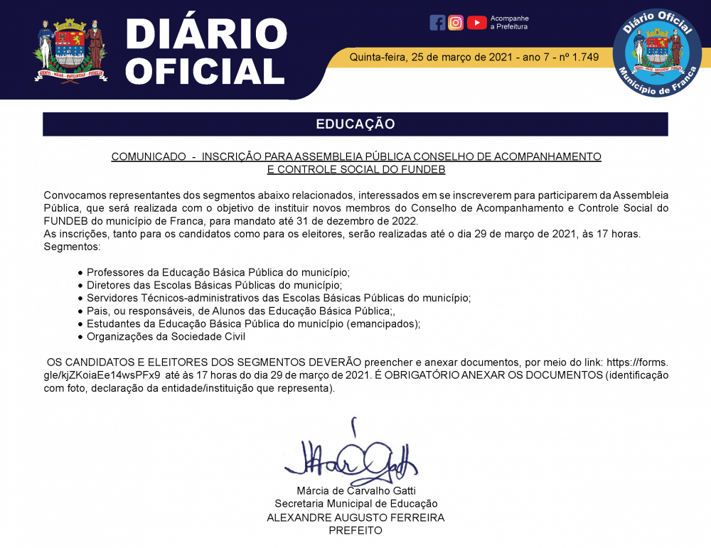 Educação abre inscrições para o Conselho do Fundeb