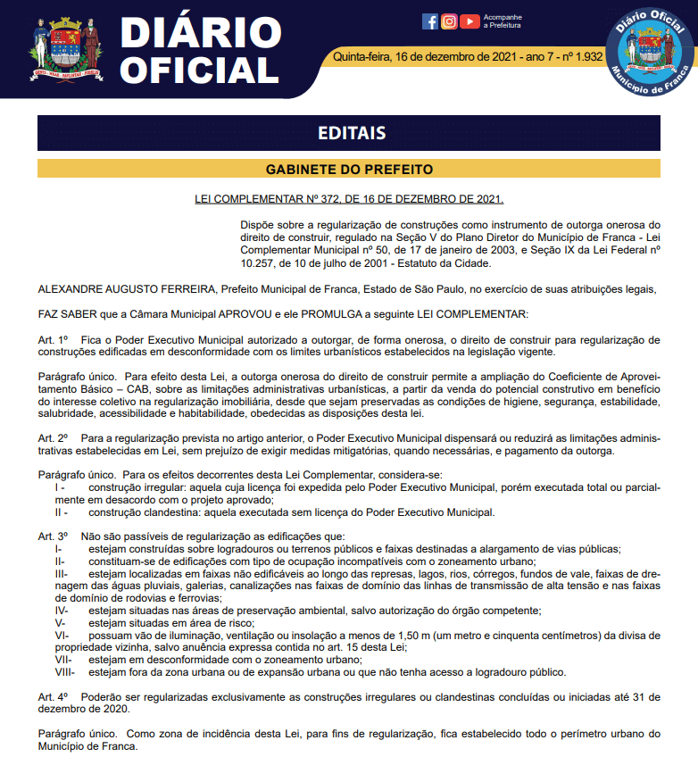 Entra em vigor, Lei da Outorga Generosa para regularização de construções