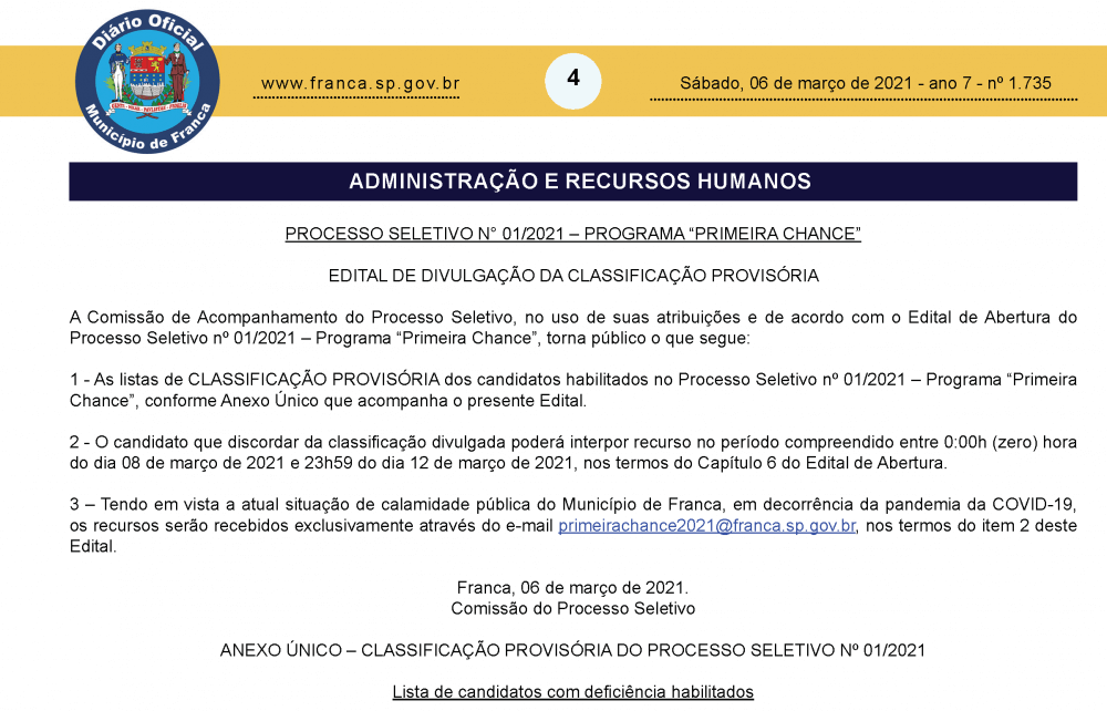 Administração publica classificação do Programa Primeira Chance