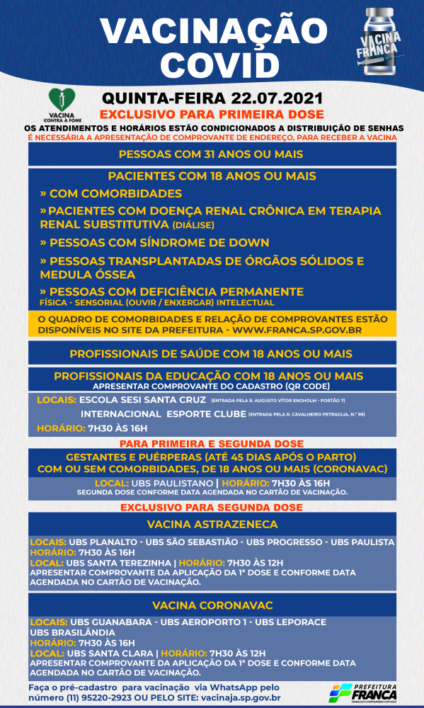 Saúde amplia postos de vacinação para a segunda dose nesta quinta-feira