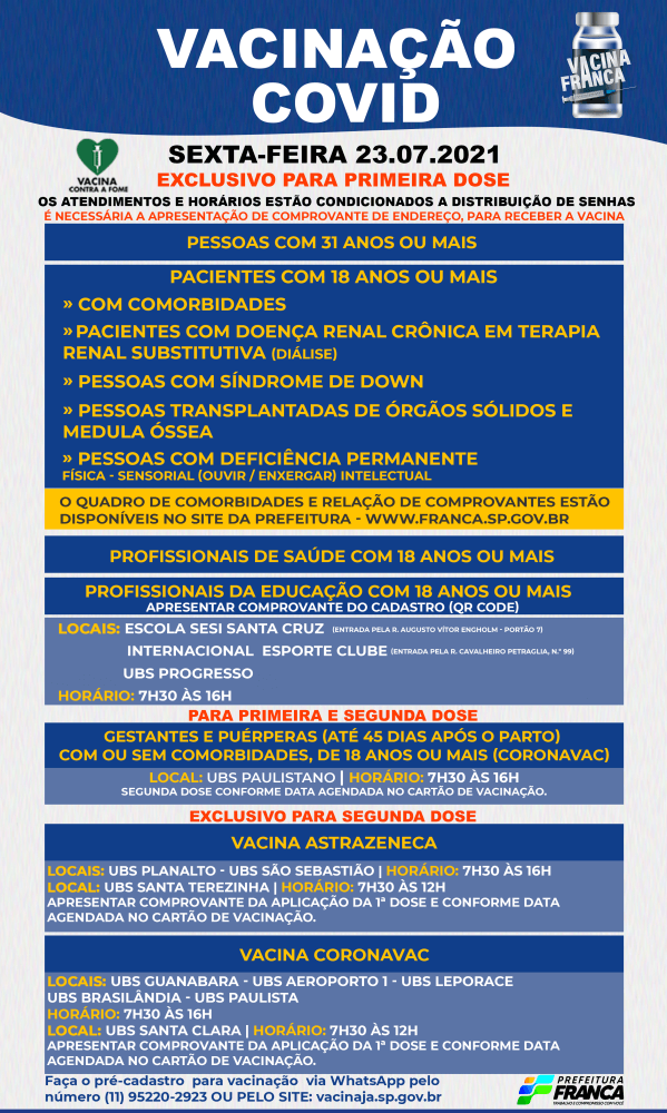 Saúde mantém vacinação para pessoas com 31 anos ou mais e segunda dose