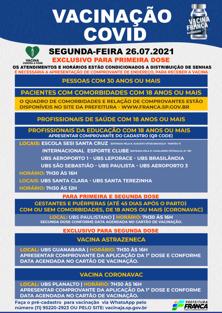 Saúde inicia vacinação para 30 anos ou mais na segunda-feira