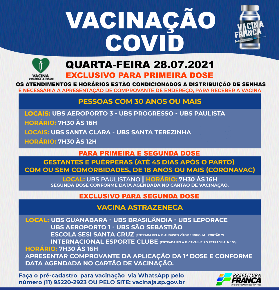 Saúde amplia postos de vacinação para a segunda dose e mantém primeira dose para 30 anos ou mais