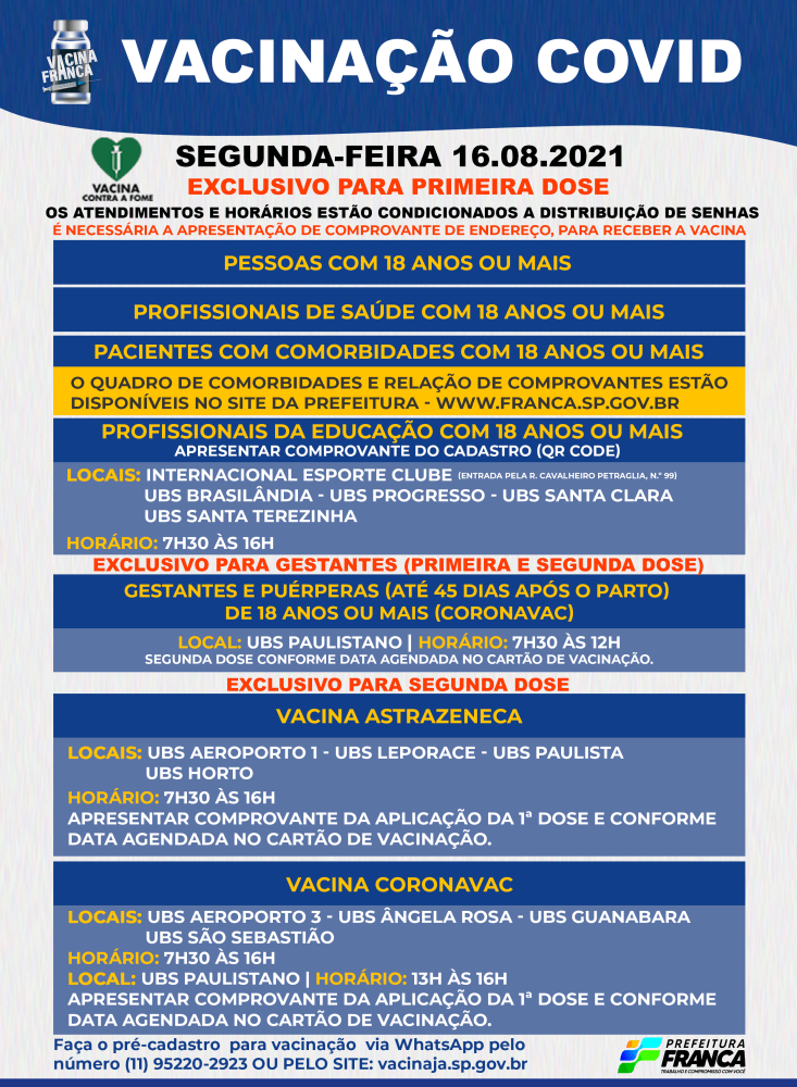 Saúde prossegue imunizando pessoas com 18 anos ou mais contra a Covid