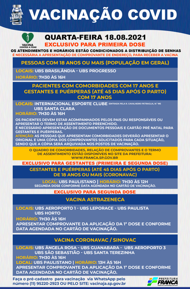 Franca inicia vacinação contra Covid para jovens de 17 anos com comorbidades