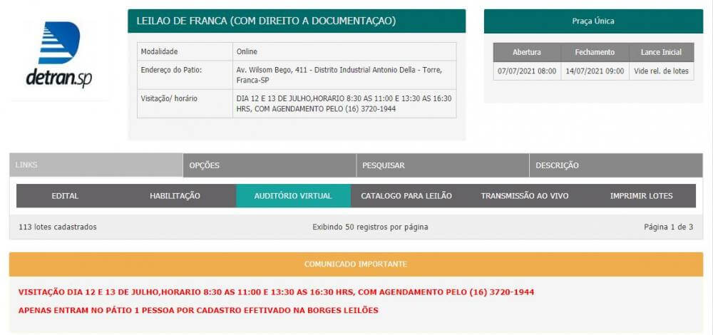 Leilões de veículos em Franca dia 14 e 15