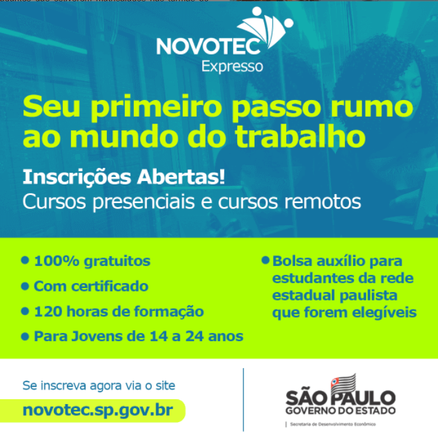 Cursos para estudantes a partir de 14 anos têm prazo de inscrição até esta sexta-feira