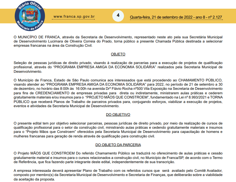 Prefeitura abre chamamento para a oferta de cursos da construção civil