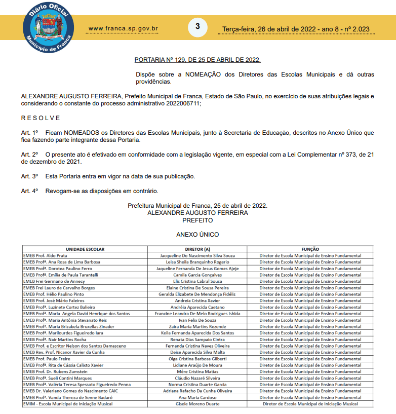Prefeitura nomeia diretores de escola aprovados em processo seletivo