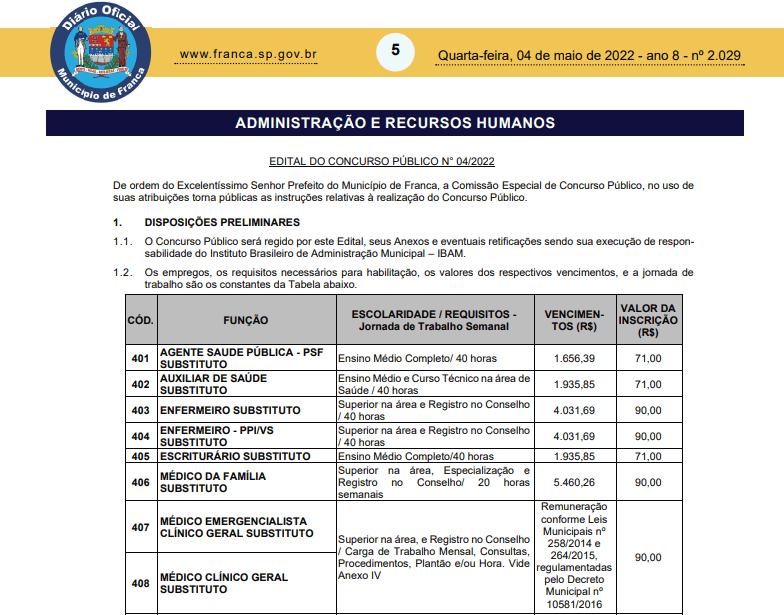 Administração abre inscrições para Concurso Público de cargos substitutos