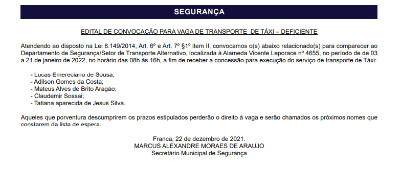 Inscrições para vagas de táxi terminam nesta sexta-feira