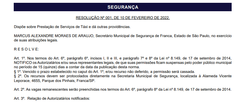 Segurança notifica taxistas sobre suspensão de permissões